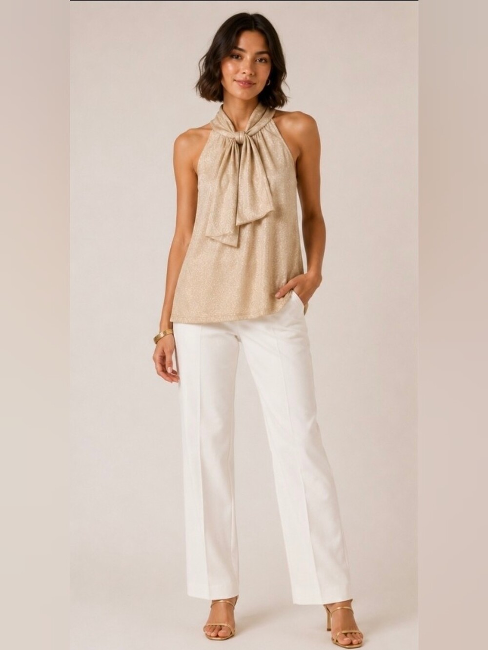 ALFANI | sleeveless metallic gold tie neck halter top SMALL